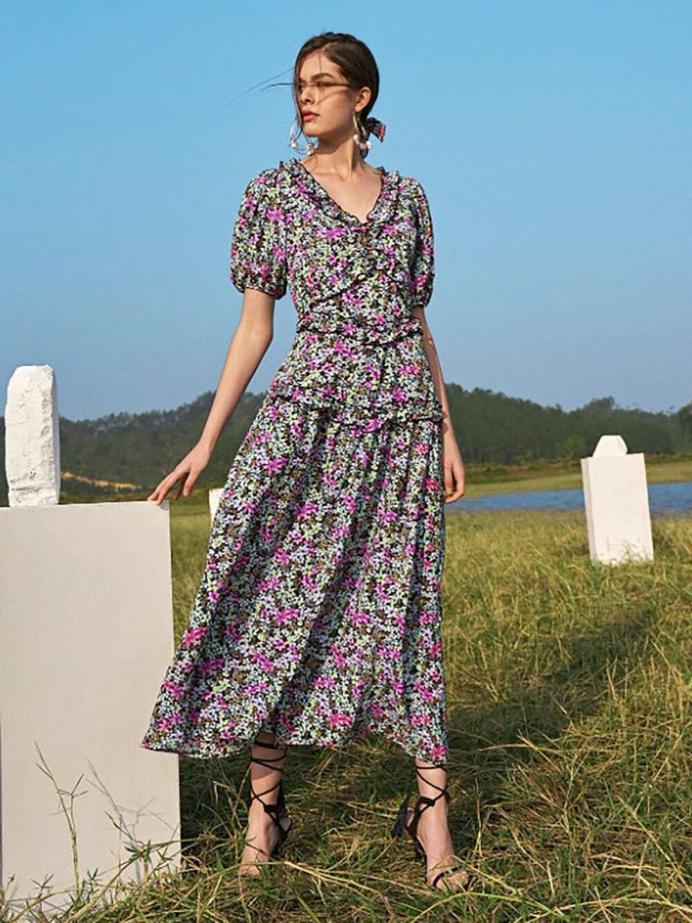 SHEIN Collection Floral Ruffle Maxi Dress – Multicolor – Size S – New